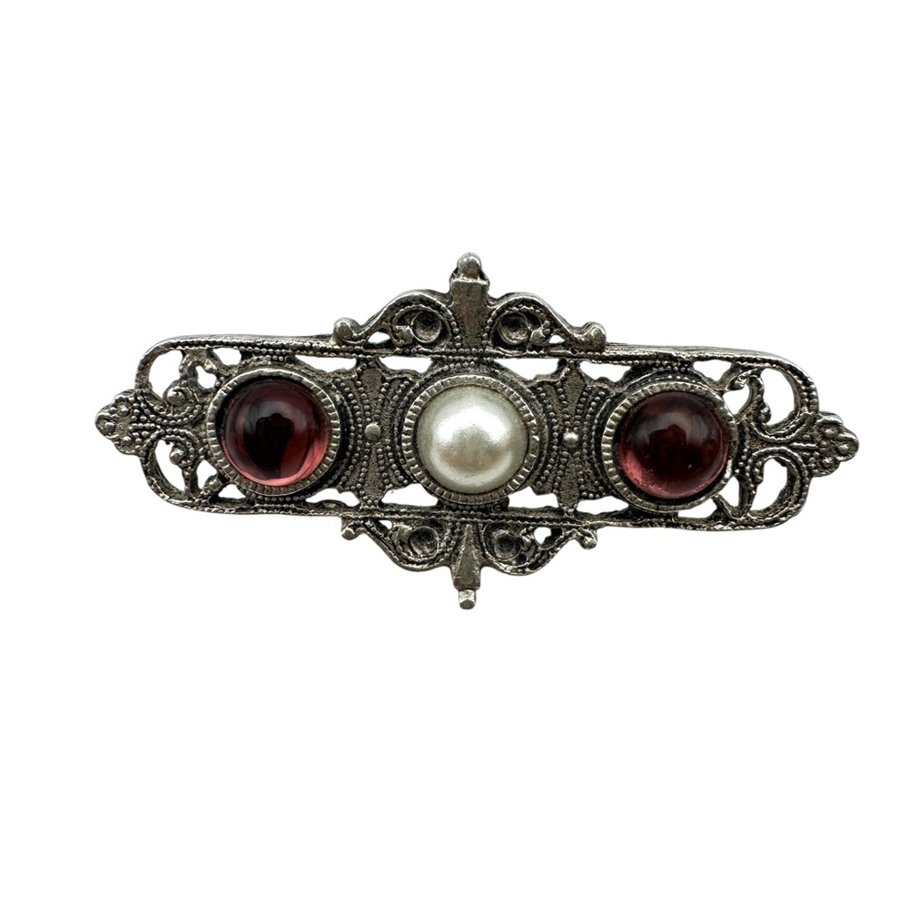 Victorian Cabochon Bar Brooch Pin Filigree Metalwork Vintage Art Nouveau Jewelry - Picture 2 of 4